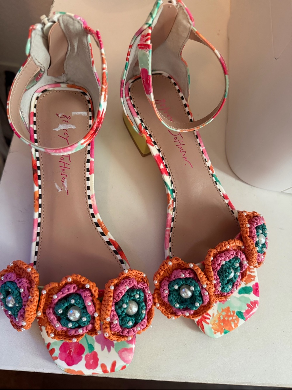 Betsey Johnson Floral Crochet Block Heel Sandals - Pink, Orange, Teal